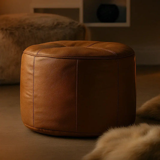 Genuine Leather Footrest Ottoman Pouf Tan