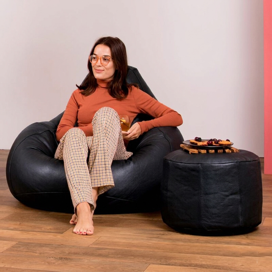 Genuine Leather Bean Bag & Footrest Black