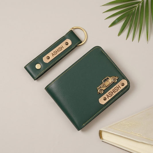 Customized Men's Leather Wallet & Keychain Green