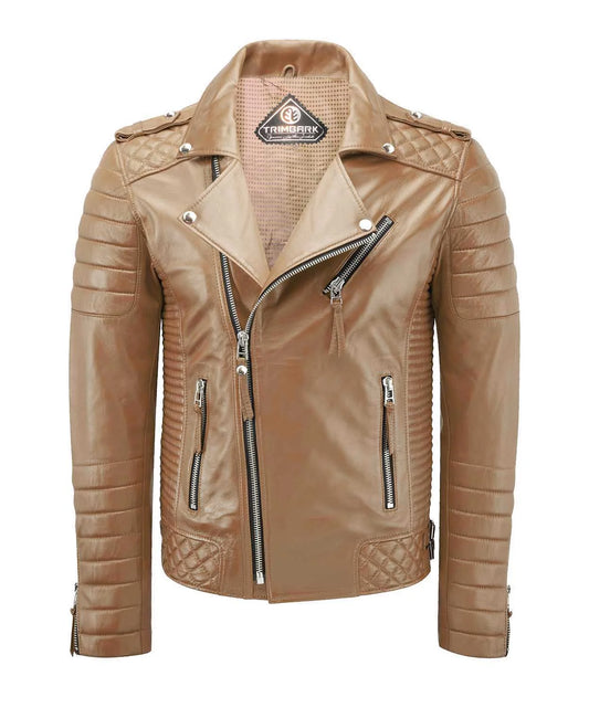 Men’s Genuine Leather Biker Jacket Beige