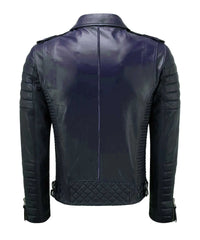The Men’s Genuine Leather Biker Jacket in Navy Blue features back and sleeve quilted panels, shoulder epaulets, and cuff zippers for a classic biker style.