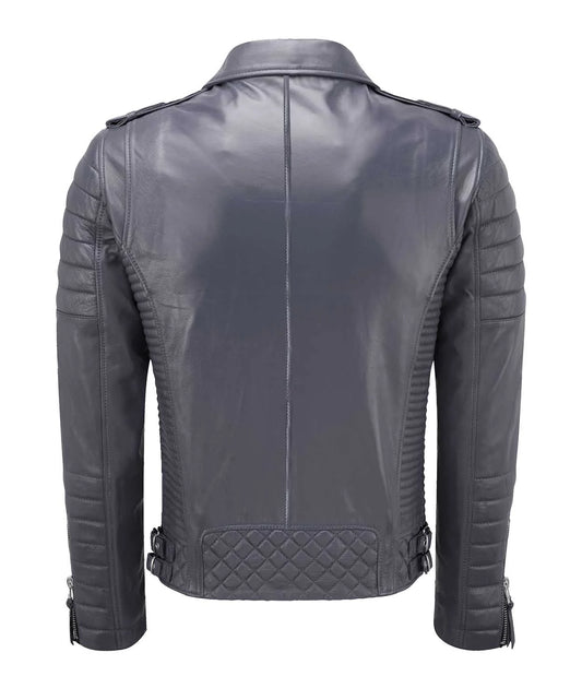 The Men’s Genuine Leather Biker Jacket in gray features quilted lower back detailing, ribbed panels on the sides and sleeves, and adjustable side straps near the hem, creating a modern slim-fit look when viewed from the back.