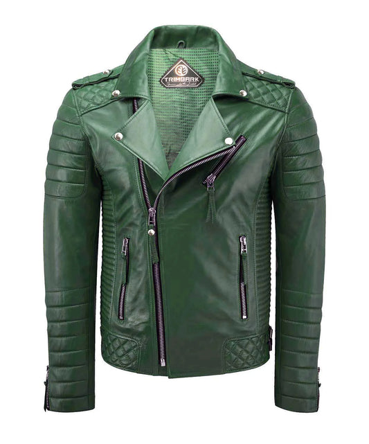 Men’s Green Genuine Lambskin Biker Leather Jacket