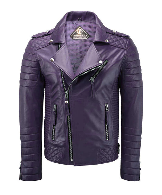 The Men’s Genuine Leather Biker Jacket Purple features lambskin leather, quilted shoulders and sleeves, a slim-fit design, multiple zippers, and silver snap buttons, shown on a white background.