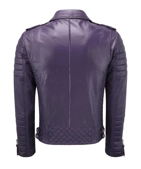 The Men’s Genuine Leather Biker Jacket in purple is shown from the back, with quilted detailing at the hem, ribbed side panels, and stitched accents on the shoulders and sleeves.