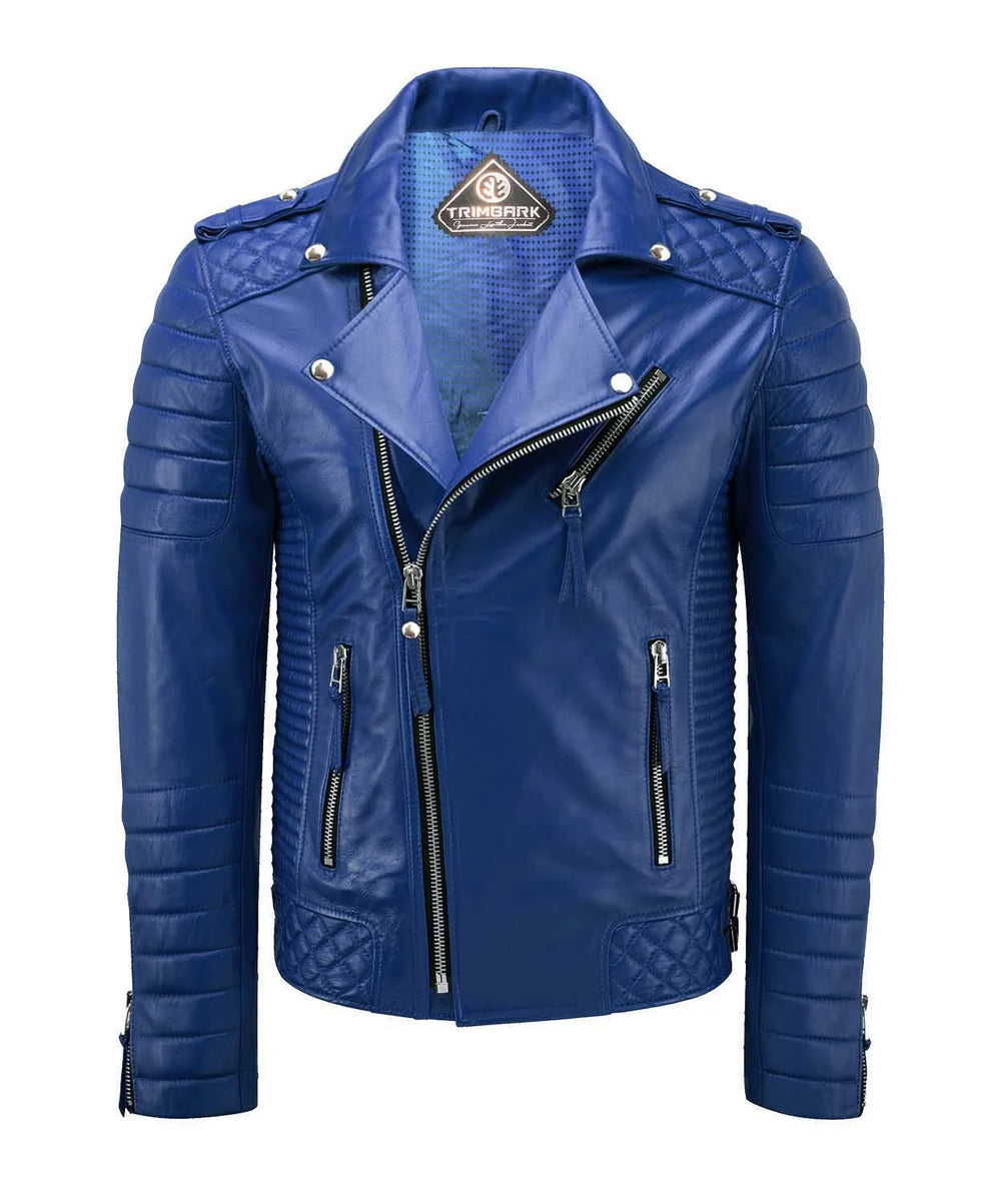 The Men’s Genuine Leather Biker Jacket in royal blue features a slim fit, quilted shoulders and sleeves, silver zippers, and snap-button accents. Crafted from lambskin leather and displayed on a plain white background.