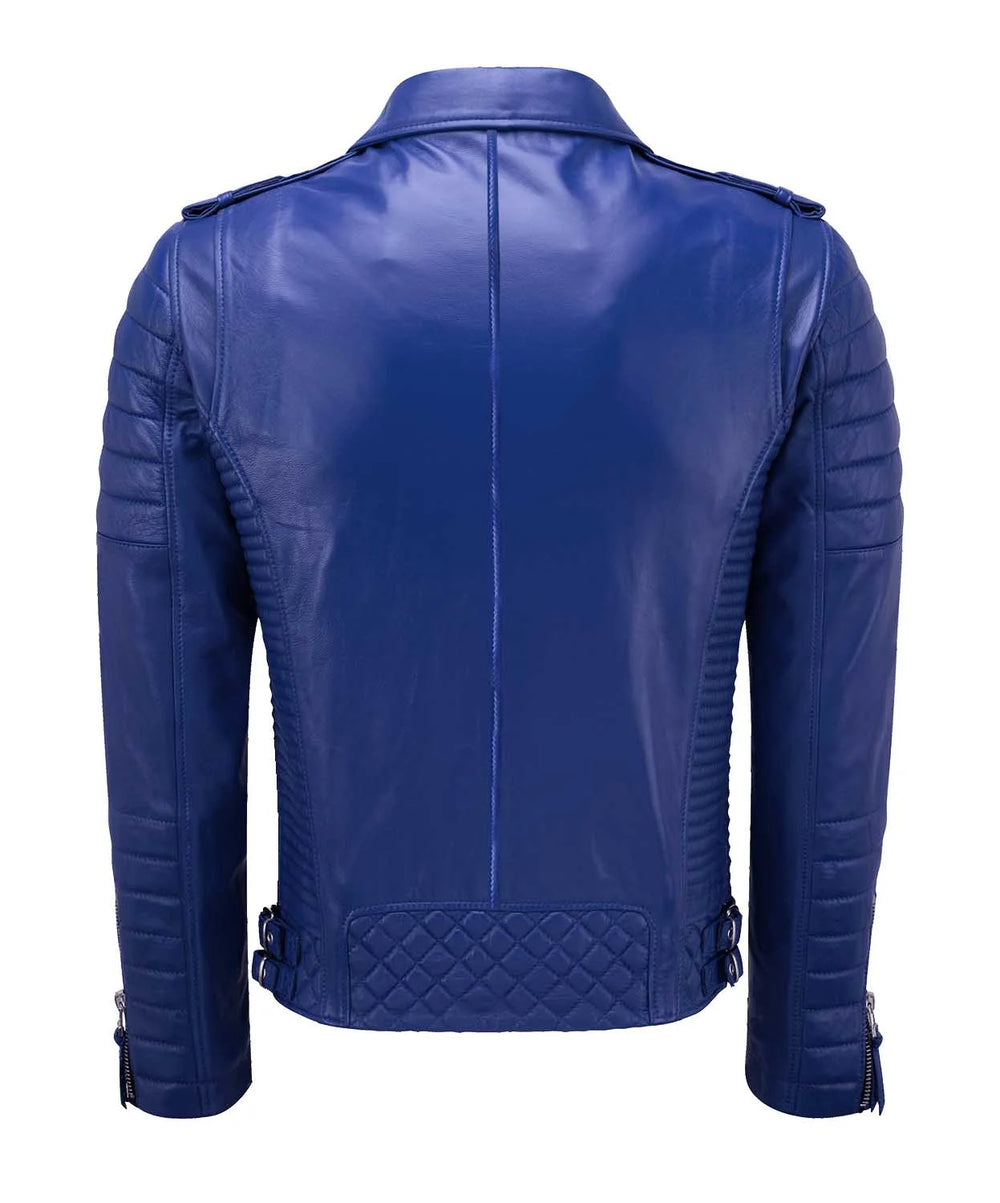 The Men’s Genuine Leather Biker Jacket Royal Blue is shown from the back, featuring quilted lower back details, ribbed side panels, zippered cuffs on long sleeves, a collar, and classic shoulder epaulets.