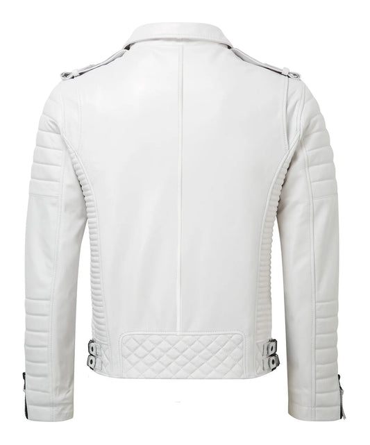 The Men’s Genuine Leather Biker Jacket White is shown from the back in white lambskin with quilted padding on the shoulders, lower back, and sleeves. Adjustable side buckles and button details on cuffs and shoulders complete this look.