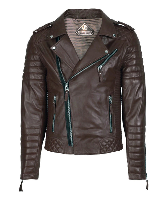 The Men’s Genuine Leather Motorcycle Jacket Brown features a dark brown, slim-fit design with quilted shoulders and sleeves, silver zippers, and a cross-body zip closure. Shown on a plain white background.