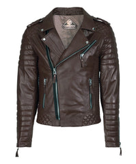 The Men’s Genuine Leather Motorcycle Jacket Brown features a dark brown, slim-fit design with quilted shoulders and sleeves, silver zippers, and a cross-body zip closure. Shown on a plain white background.