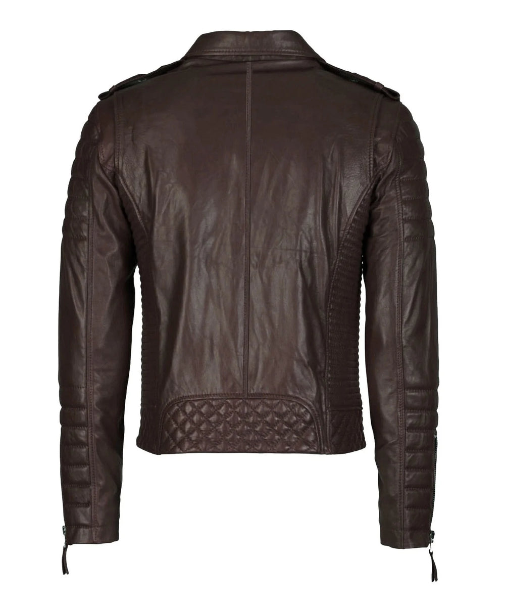 Back view of the Men’s Genuine Leather Motorcycle Jacket Brown, crafted from dark brown lambskin with quilted lower back and sleeve details, shoulder epaulets, and zippered cuffs for a bold, stylish appearance.