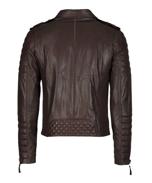 Back view of the Men’s Genuine Leather Motorcycle Jacket Brown, crafted from dark brown lambskin with quilted lower back and sleeve details, shoulder epaulets, and zippered cuffs for a bold, stylish appearance.
