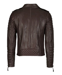 Back view of the Men’s Genuine Leather Motorcycle Jacket Brown, crafted from dark brown lambskin with quilted lower back and sleeve details, shoulder epaulets, and zippered cuffs for a bold, stylish appearance.