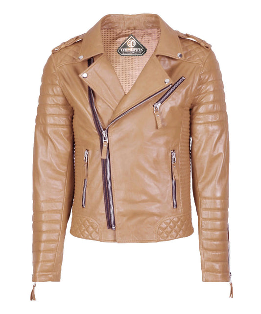 Men’s Genuine Leather Motorcycle Jacket Beige