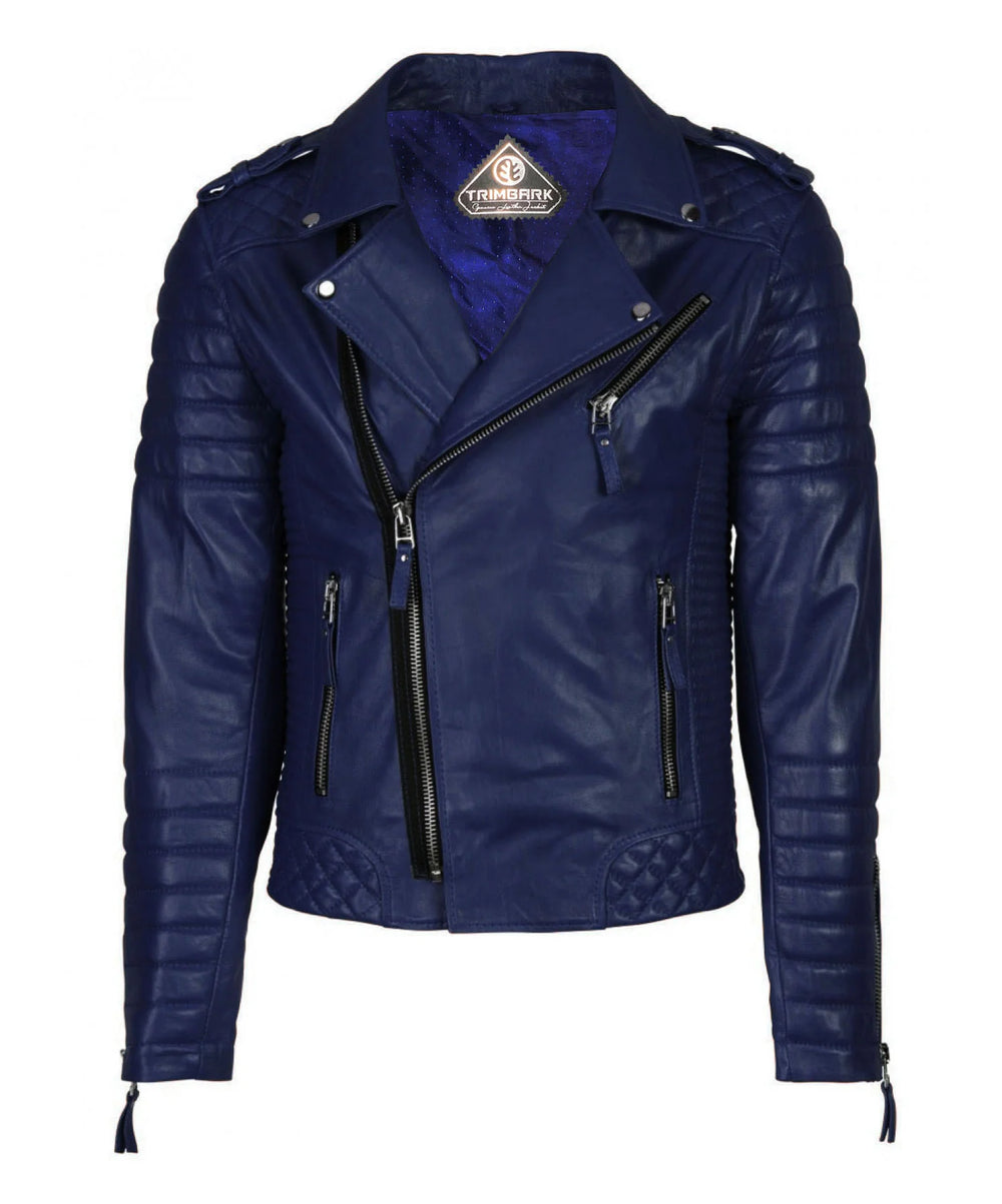 The Men’s Genuine Leather Motorcycle Jacket in navy blue features quilted shoulder and elbow details, zippered pockets, an asymmetrical front zipper, and a collar label that enhances its sleek, modern style.