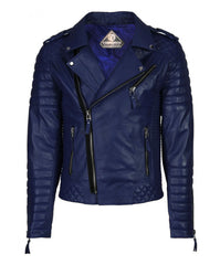 The Men’s Genuine Leather Motorcycle Jacket in navy blue features quilted shoulder and elbow details, zippered pockets, an asymmetrical front zipper, and a collar label that enhances its sleek, modern style.