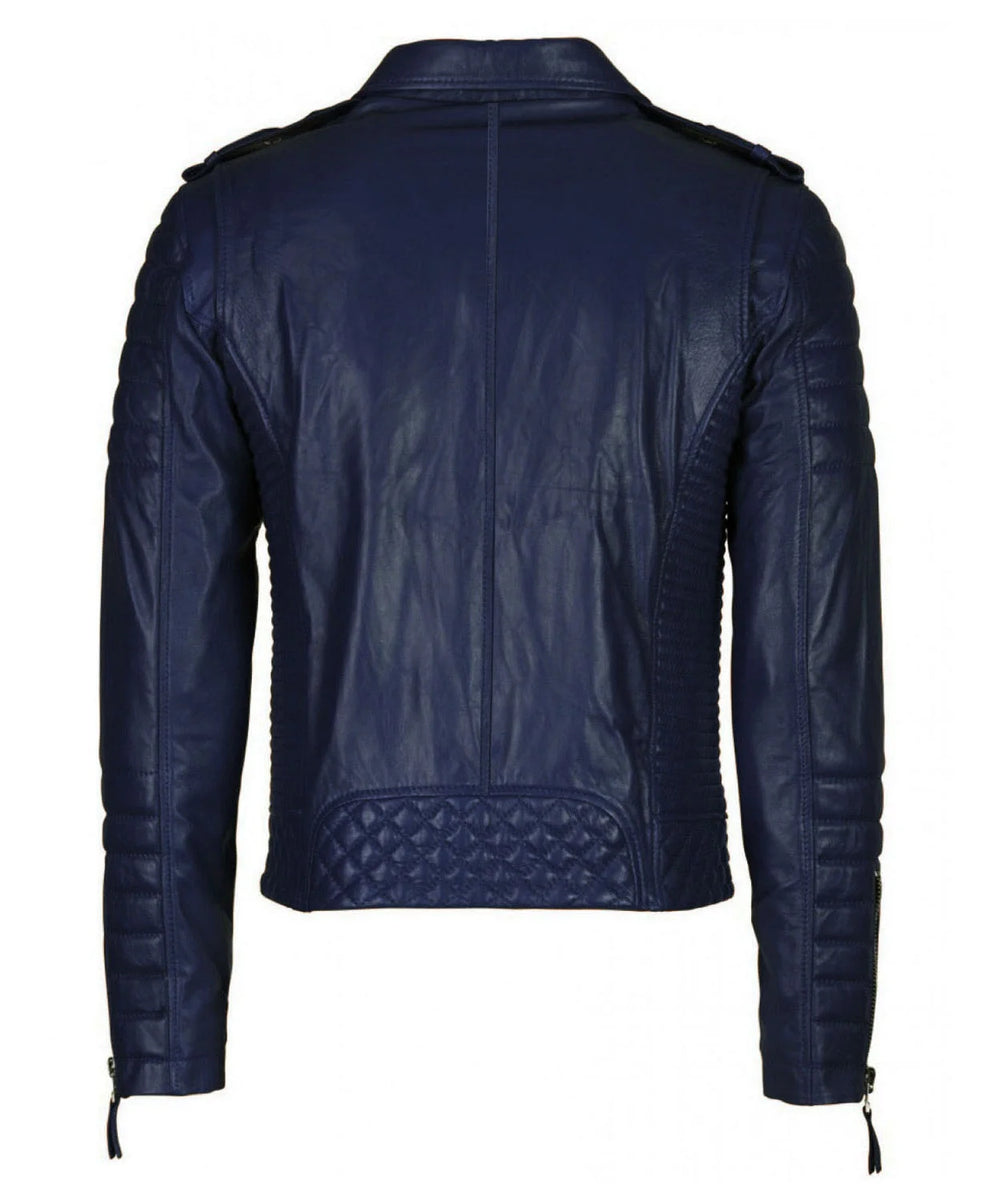 The Men’s Genuine Leather Motorcycle Jacket Navy Blue is crafted from premium lambskin and features quilted details on the lower back and sleeves, zipper accents at the cuffs, and shoulder epaulets for a distinctive biker look.