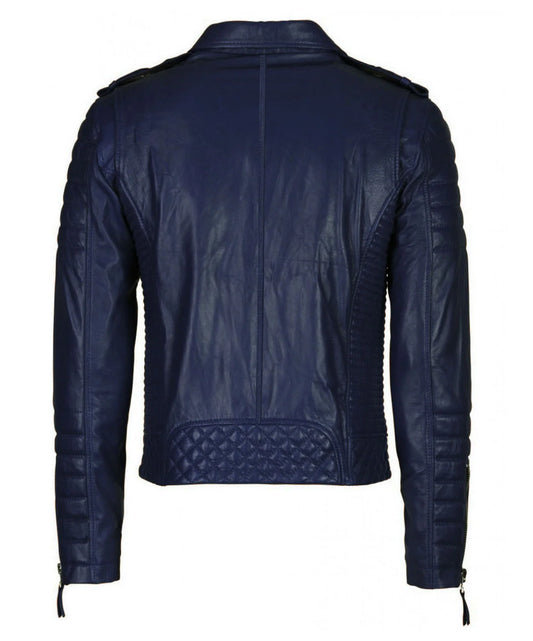 The Men’s Genuine Leather Motorcycle Jacket Navy Blue is crafted from premium lambskin and features quilted details on the lower back and sleeves, zipper accents at the cuffs, and shoulder epaulets for a distinctive biker look.