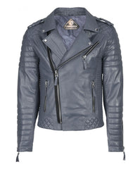 The Men’s Genuine Leather Motorcycle Jacket Gray features quilted shoulders and sides, zippered pockets, an asymmetric front zipper, and epaulets, shown in charcoal gray on a white background.