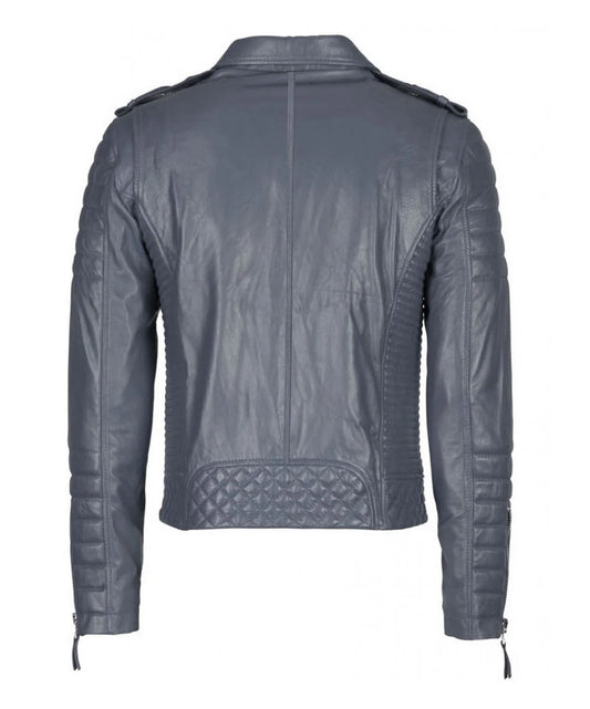 Back view of the Men’s Genuine Leather Motorcycle Jacket Gray, featuring quilted detailing on the lower back and arms, shoulder epaulets, stitched panels, and zippered cuffs—adding an edgy touch to any look.