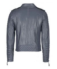 Back view of the Men’s Genuine Leather Motorcycle Jacket Gray, featuring quilted detailing on the lower back and arms, shoulder epaulets, stitched panels, and zippered cuffs—adding an edgy touch to any look.