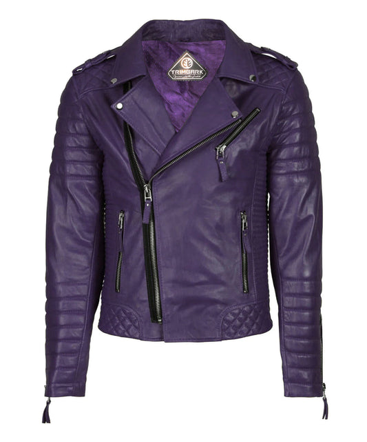 The Men’s Genuine Leather Motorcycle Jacket Purple features quilted shoulder and hem details, zippered pockets, angled front zip, wide collar, black zipper accents, and a slim-fit design—crafted from lambskin leather.