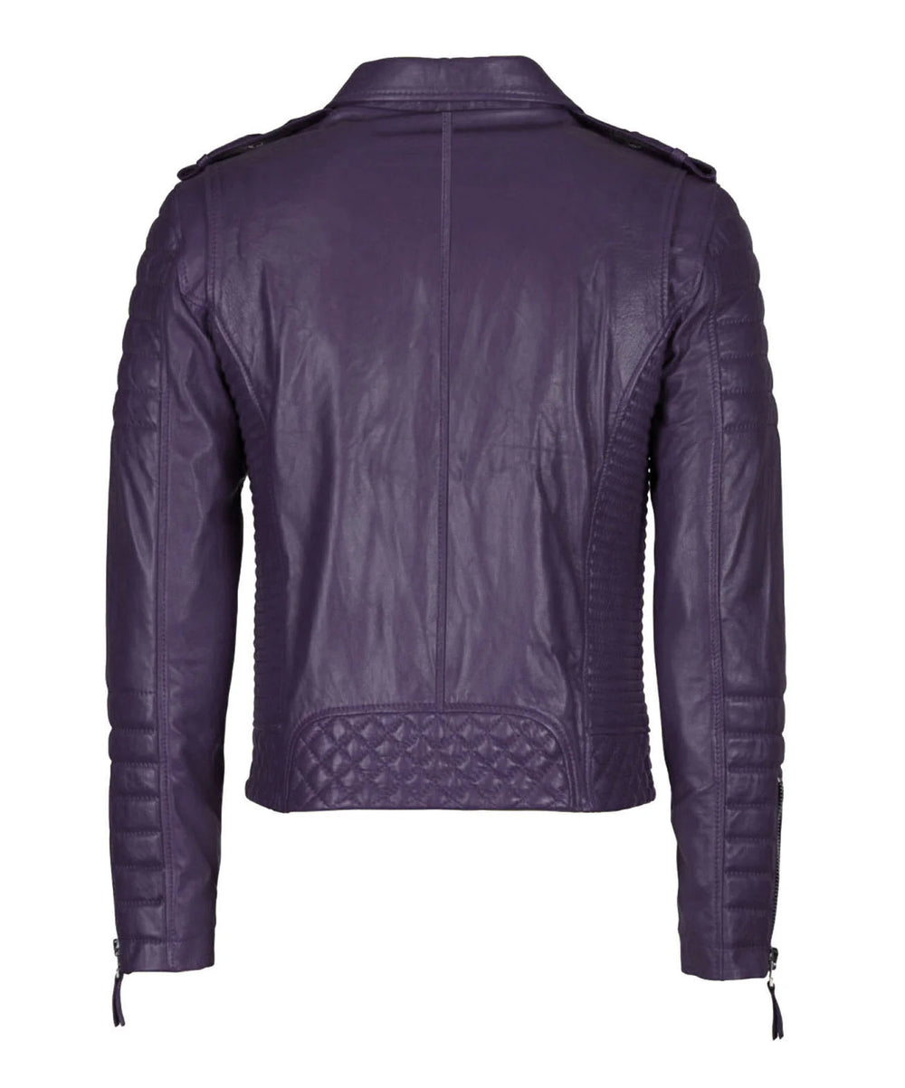 The Men’s Genuine Leather Motorcycle Jacket in purple features a slim fit, quilted detailing on the lower back and sleeves, visible seams, and zippers at the sleeve cuffs, shown from the back.