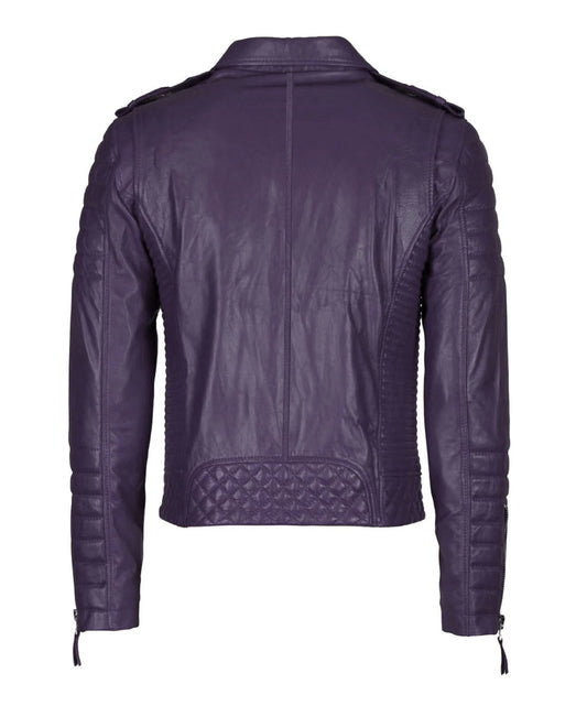 The Men’s Genuine Leather Motorcycle Jacket in purple features a slim fit, quilted detailing on the lower back and sleeves, visible seams, and zippers at the sleeve cuffs, shown from the back.