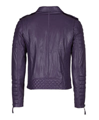 The Men’s Genuine Leather Motorcycle Jacket in purple features a slim fit, quilted detailing on the lower back and sleeves, visible seams, and zippers at the sleeve cuffs, shown from the back.