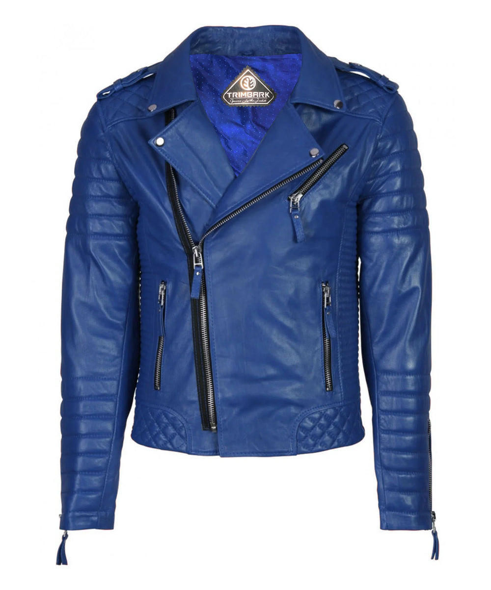 The Men’s Genuine Leather Motorcycle Jacket Blue features vibrant blue lambskin, quilted shoulder and side details, an asymmetrical front zipper, zippered pockets, and a luxurious blue satin lining.