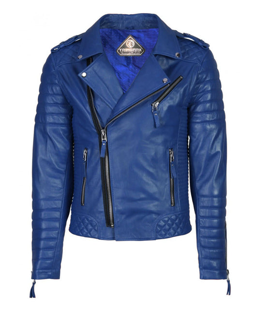 The Men’s Genuine Leather Motorcycle Jacket Blue features vibrant blue lambskin, quilted shoulder and side details, an asymmetrical front zipper, zippered pockets, and a luxurious blue satin lining.