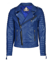 The Men’s Genuine Leather Motorcycle Jacket Blue features vibrant blue lambskin, quilted shoulder and side details, an asymmetrical front zipper, zippered pockets, and a luxurious blue satin lining.