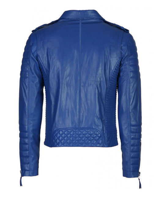 The Men’s Genuine Leather Motorcycle Jacket Blue is shown from the back, with quilted detailing on the lower back and elbows, long zippered sleeves, and shoulder epaulettes.