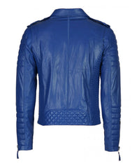 The Men’s Genuine Leather Motorcycle Jacket Blue is shown from the back, with quilted detailing on the lower back and elbows, long zippered sleeves, and shoulder epaulettes.