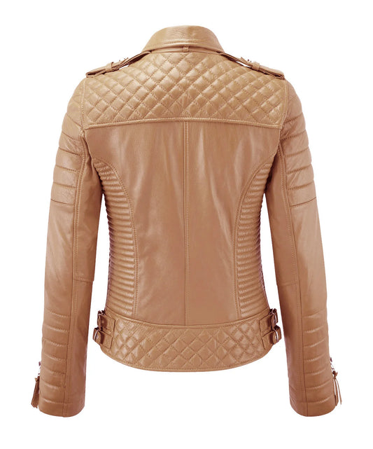 Women’s Beige Genuine Lambskin Biker Leather Jacket