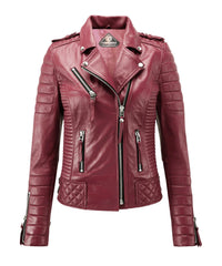 Women’s Genuine Leather Biker Jacket Cherry Red