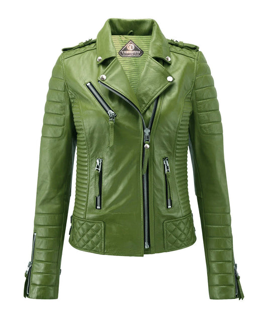 Women’s Genuine Leather Biker Jacket Lime Green