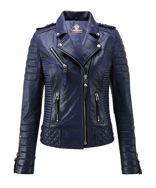 Women’s Genuine Leather Biker Jacket Navy Blue