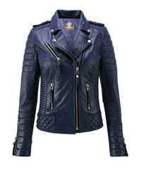 Women’s Genuine Leather Biker Jacket Navy Blue