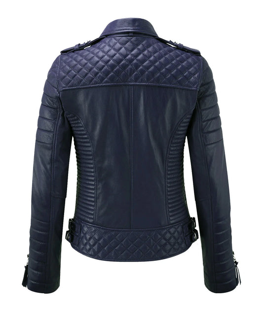 Women’s Genuine Leather Biker Jacket Navy Blue