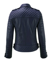 Women’s Genuine Leather Biker Jacket Navy Blue