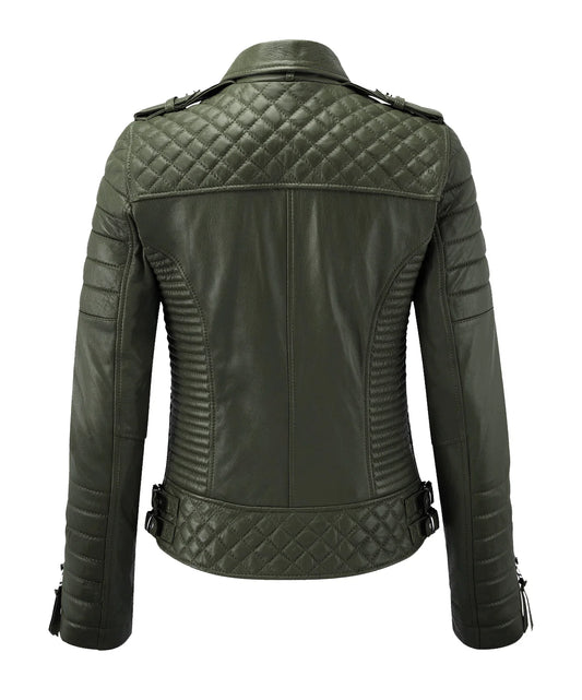 Women’s Genuine Leather Biker Jacket Olive Green