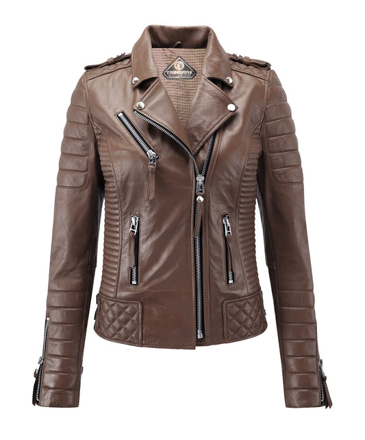 Women’s Genuine Leather Biker Jacket Sapodilla Brown