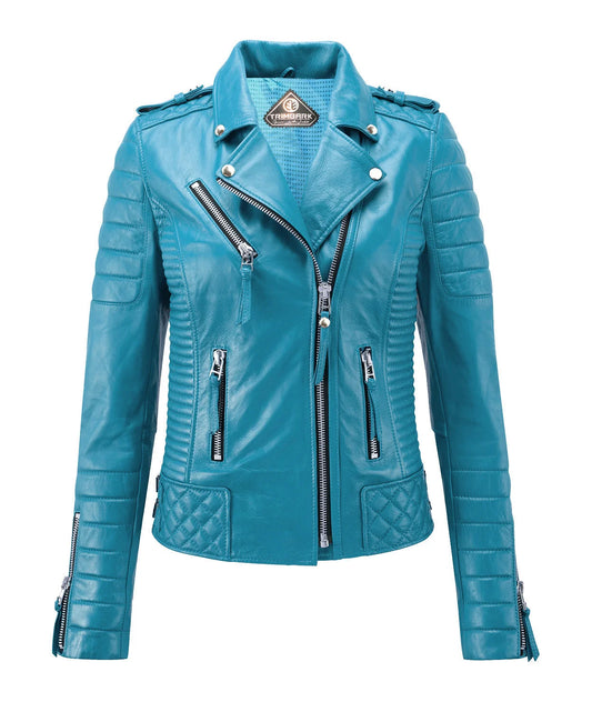 Women’s Genuine Leather Biker Jacket Turquoise