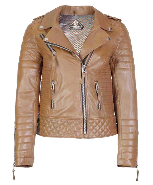 Women’s Genuine Leather Moto Jacket Camel