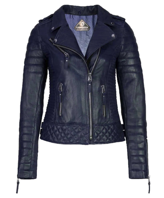Women’s Genuine Leather Moto Jacket Navy Blue