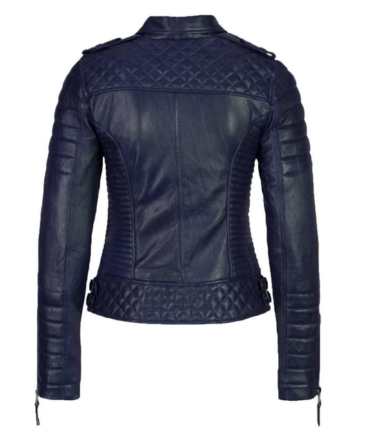 Women’s Genuine Leather Moto Jacket Navy Blue