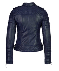 Women’s Genuine Leather Moto Jacket Navy Blue