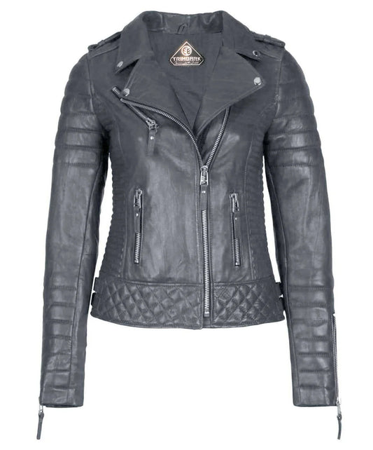 Women’s Genuine Leather Moto Jacket Gray