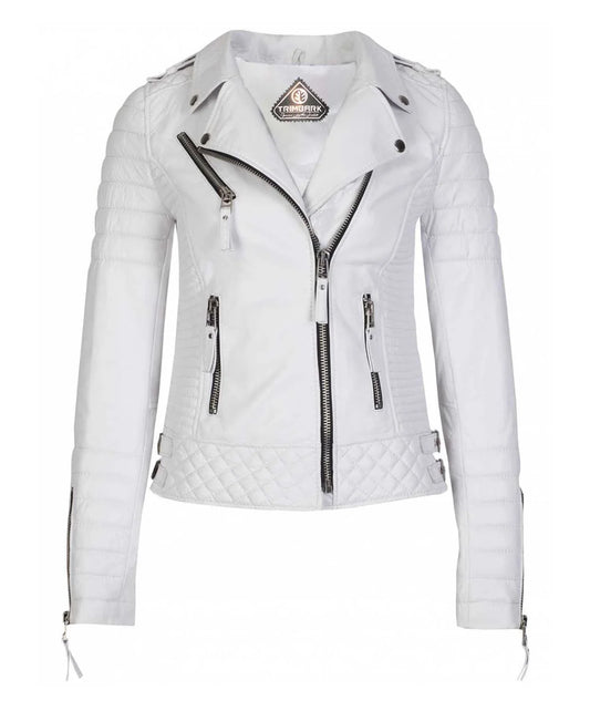 Women’s Genuine Leather Moto Jacket White